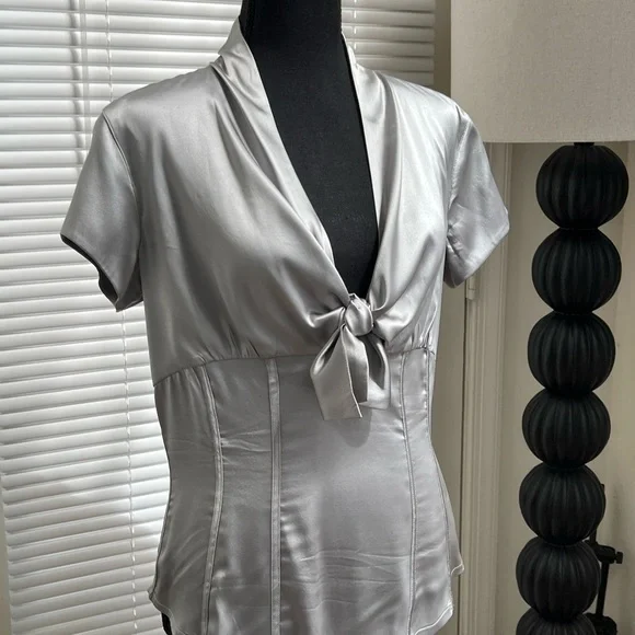 Silver Tie Front Fitted Blouse - Picture 6 of 15